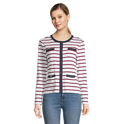 Finely-Ribbed Striped Cardigan