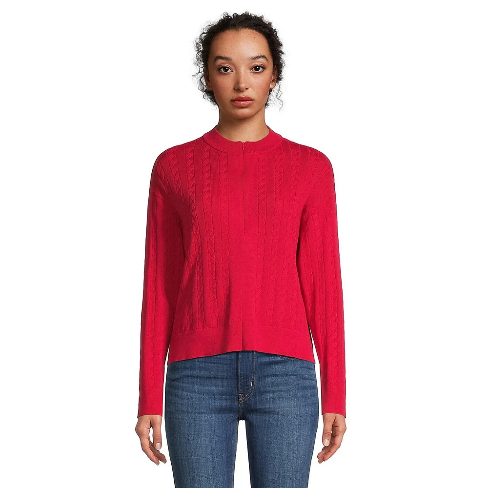 Collarles Half-Zip Cable-Knit Sweater