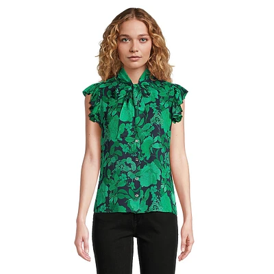 Garden-Print Pussycat Bow Blouse