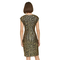 Cap-Sleeve Foil-Printed Salon Stretch Sheath Dress