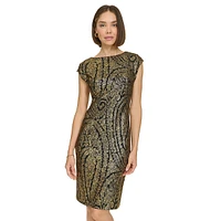 Cap-Sleeve Foil-Printed Salon Stretch Sheath Dress