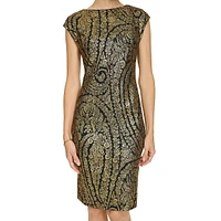 Cap-Sleeve Foil-Printed Salon Stretch Sheath Dress