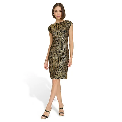 Cap-Sleeve Foil-Printed Salon Stretch Sheath Dress