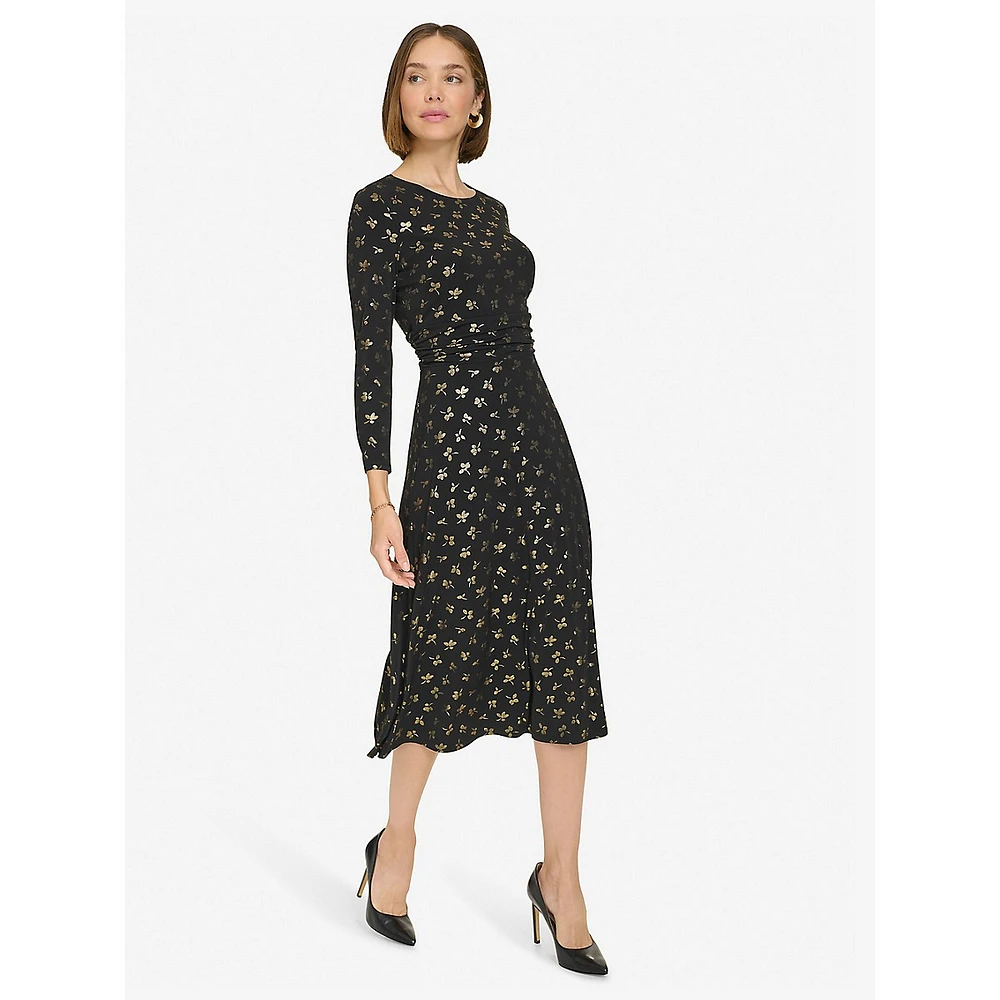 Ruched-Waist Tie-Back Foil-Printed Midi Dress