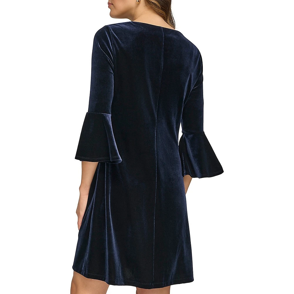 Bell-Sleeve Stretch-Velvet Shift Dress