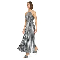 Pleated Foil Halter Maxi Dress