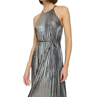 Pleated Foil Halter Maxi Dress