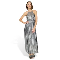 Pleated Foil Halter Maxi Dress