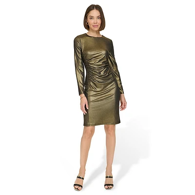 Side-Ruched Shimmer Jersey Sheath Dress