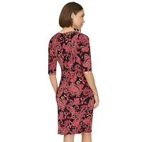 Elbow-Sleeve Twist-Knot Paisley Sheath Dress