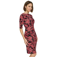 Elbow-Sleeve Twist-Knot Paisley Sheath Dress