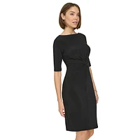 Elbow-Sleeve Twist-Knot Sheath Dress