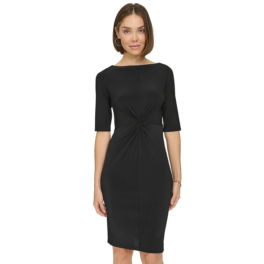 Elbow-Sleeve Twist-Knot Sheath Dress