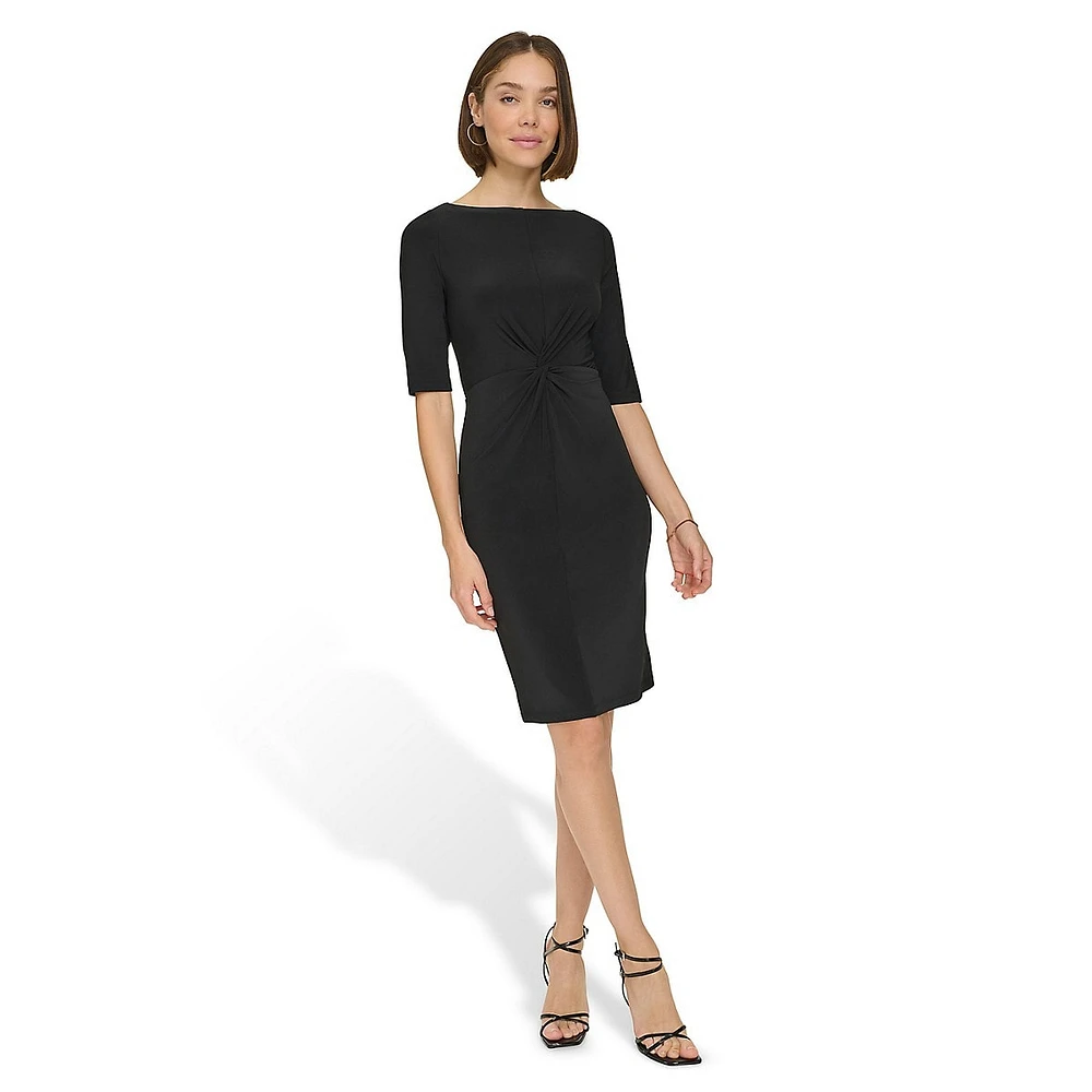 Elbow-Sleeve Twist-Knot Sheath Dress