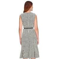 Pixelated Houndstooth Bouclé Sleeveless Belted Dress