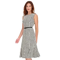 Pixelated Houndstooth Bouclé Sleeveless Belted Dress