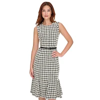 Pixelated Houndstooth Bouclé Sleeveless Belted Dress