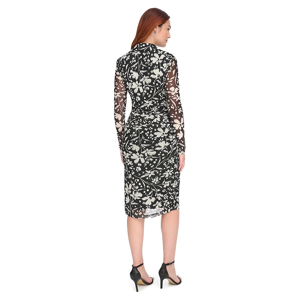 Ruched Mesh Floral Shirt Dress