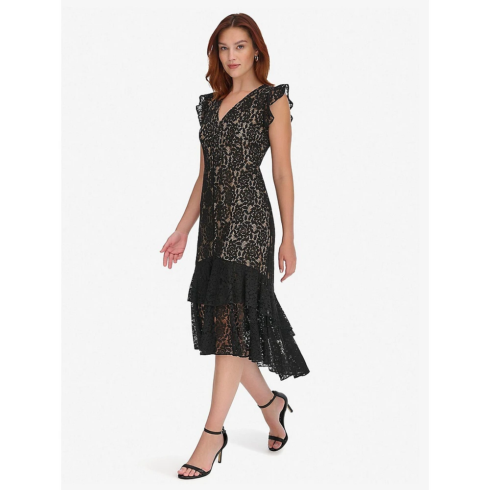 Flutter-Sleeve V-Neck Tiered Lace Midi Dress