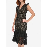 Flutter-Sleeve V-Neck Tiered Lace Midi Dress