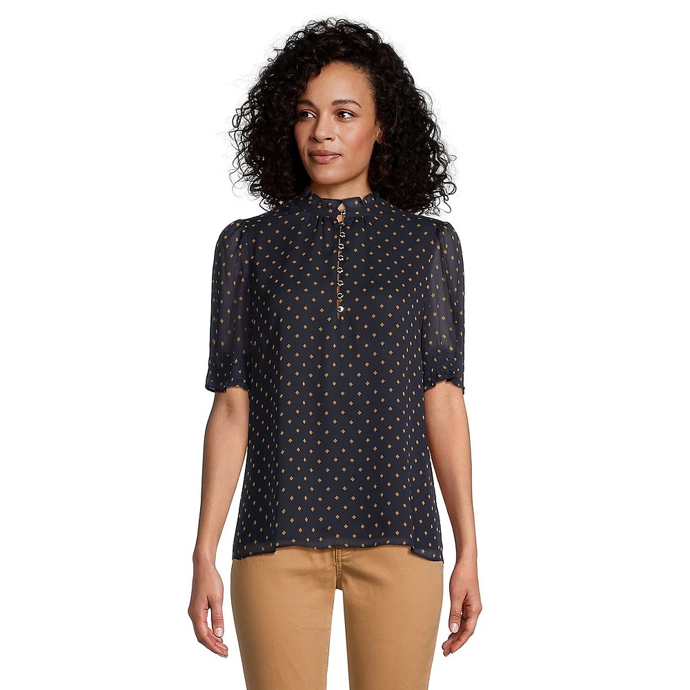 Diamond Dot Puff-Sleeves Blouse