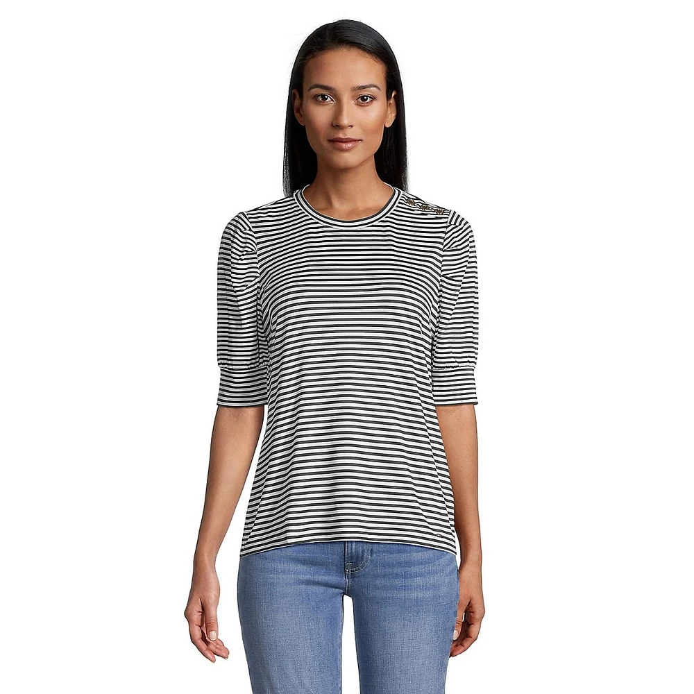 Puff-Sleeve Button-Shoulder Striped Top