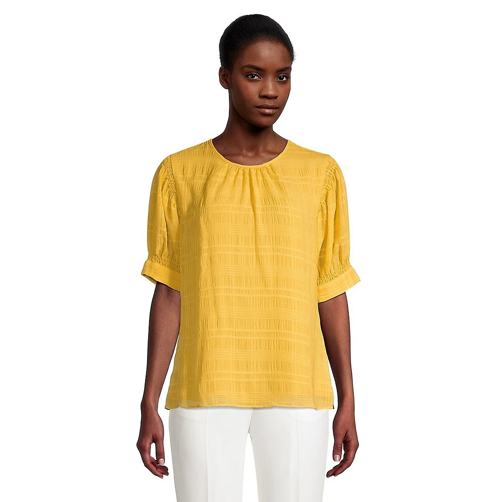 Textured Roundneck Puff-Sleeve Blouse