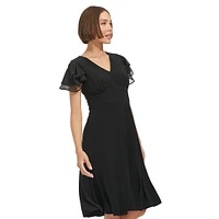 Mixed-Media Flutter Sleeve Empire Dress