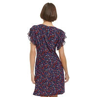 Charleston Floral Flutter-Sleeve Shift Dress