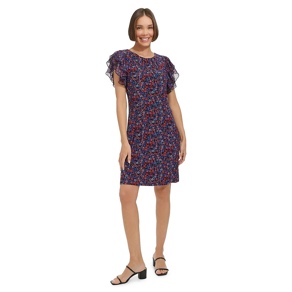 Charleston Floral Flutter-Sleeve Shift Dress