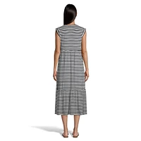 Striped Sleeveless Gathered-Bust Loose Midi Dress