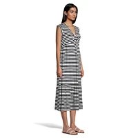 Striped Sleeveless Gathered-Bust Loose Midi Dress