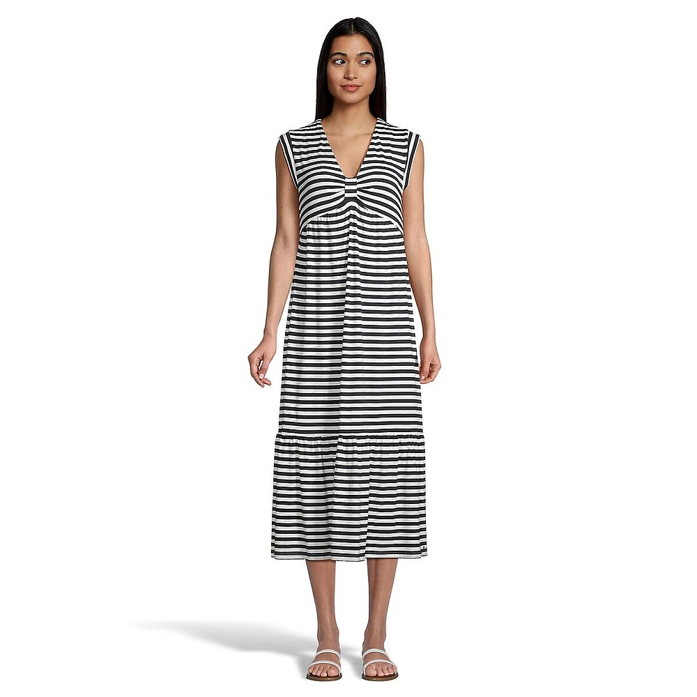 Striped Sleeveless Gathered-Bust Loose Midi Dress