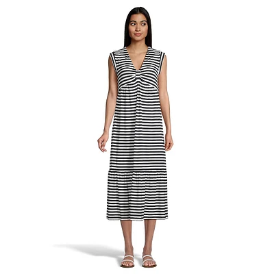 Striped Sleeveless Gathered-Bust Loose Midi Dress