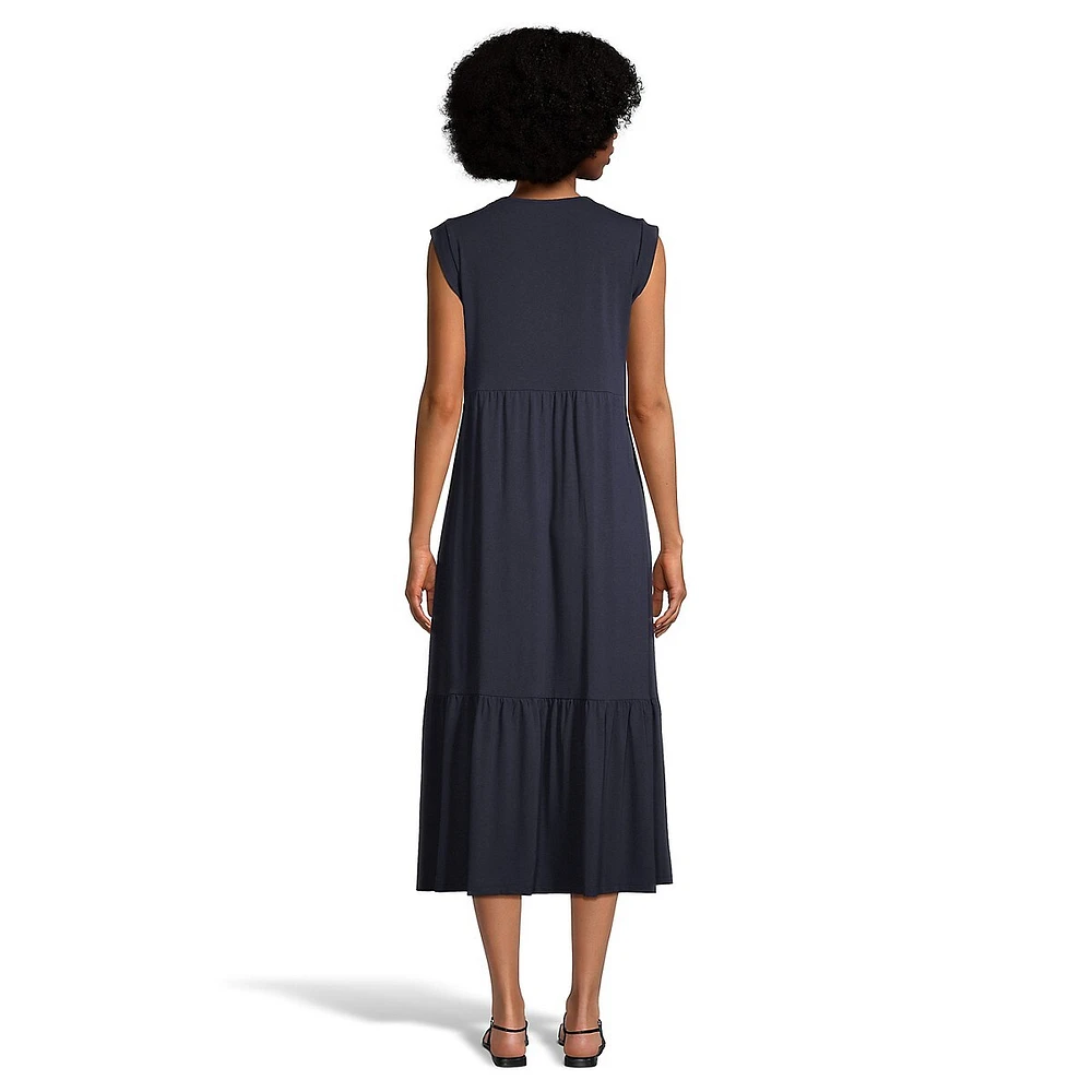 Sleeveless Gathered-But Loose Midi Dress