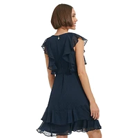 Party Dot Clip Chiffon Flutter Ruffle Fit-&-Flare Dress