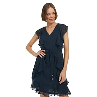 Party Dot Clip Chiffon Flutter Ruffle Fit-&-Flare Dress