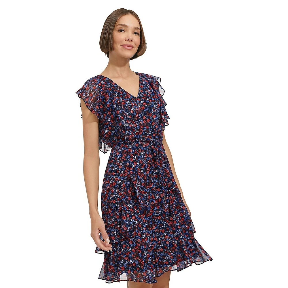 Charleston Floral Flutter Ruffle Fit-&-Flare Dress