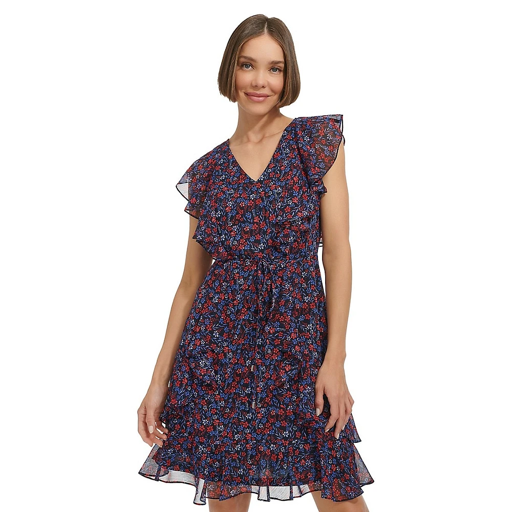 Charleston Floral Flutter Ruffle Fit-&-Flare Dress