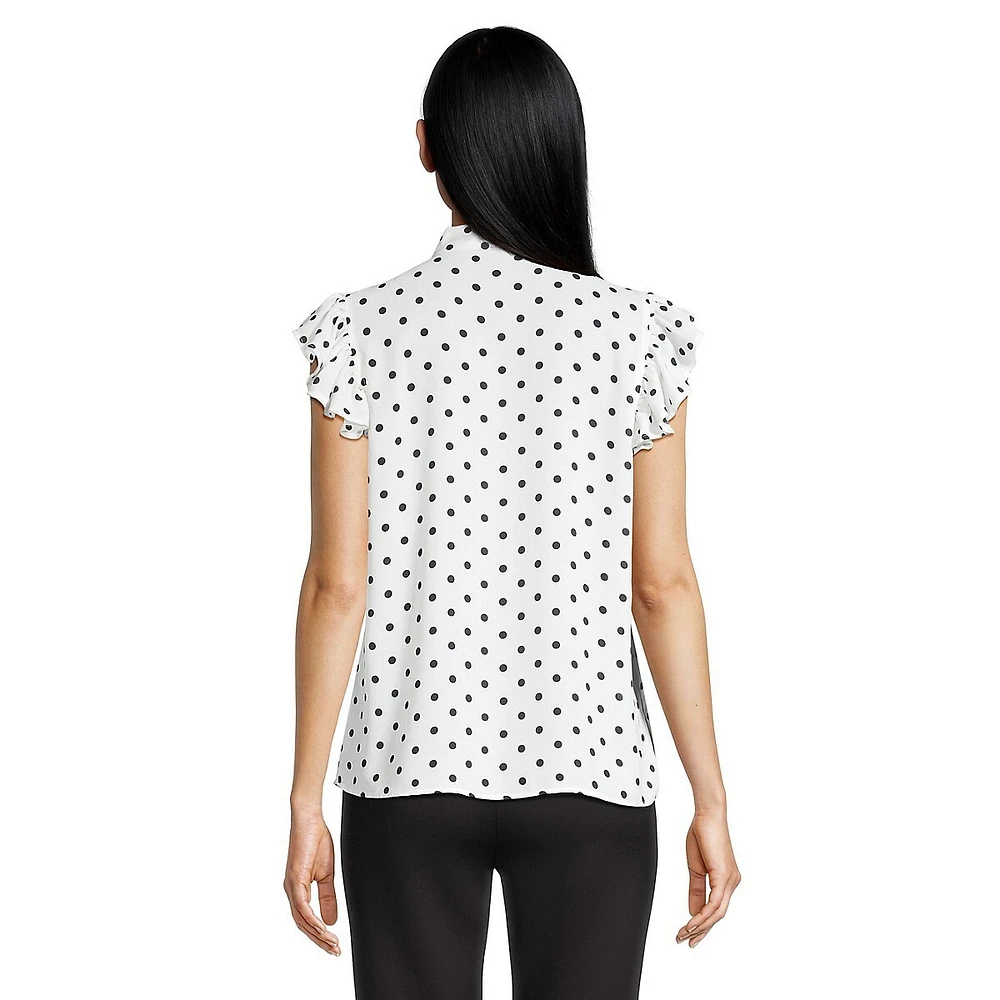 Dot-Print Tie-Neck Flutter-Sleeve Button-Up Top