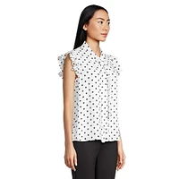 Dot-Print Tie-Neck Flutter-Sleeve Button-Up Top