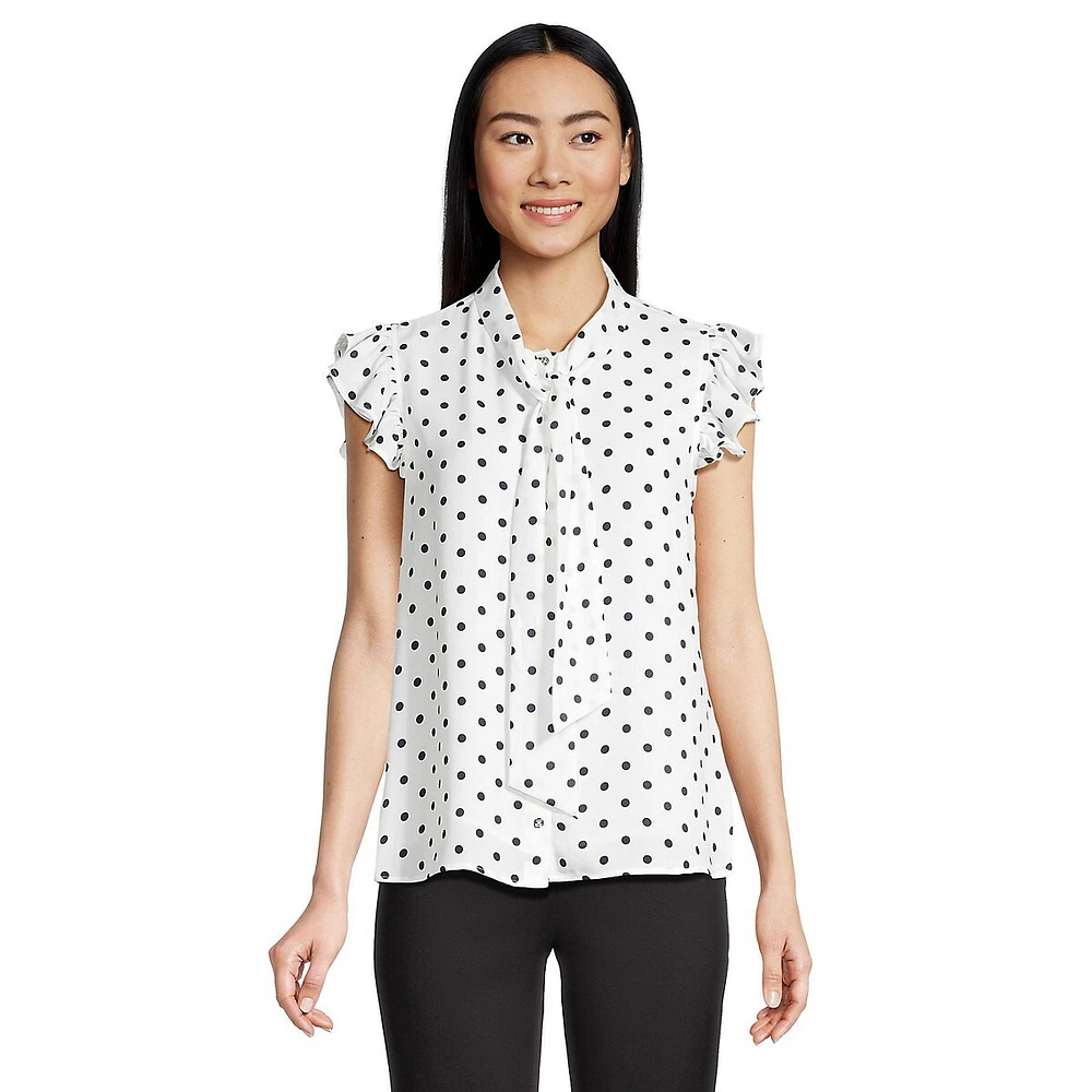 Dot-Print Tie-Neck Flutter-Sleeve Button-Up Top