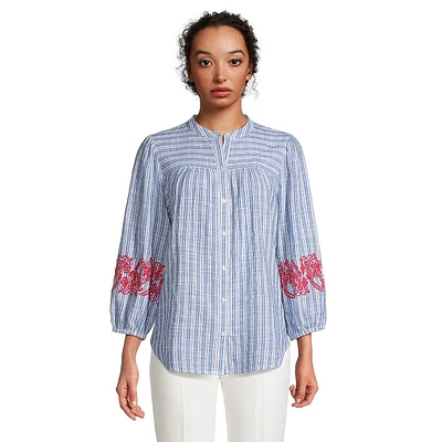 Embroidered Bishop-Sleeve Blouse