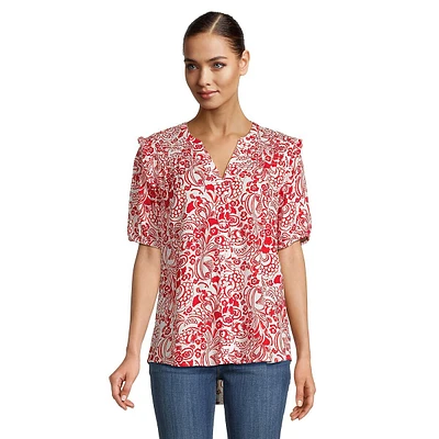 Smocked-Yoke High-Low Print Top