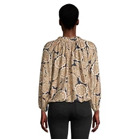 Floral-Print Long-Sleeve Tie-Neck Blouse