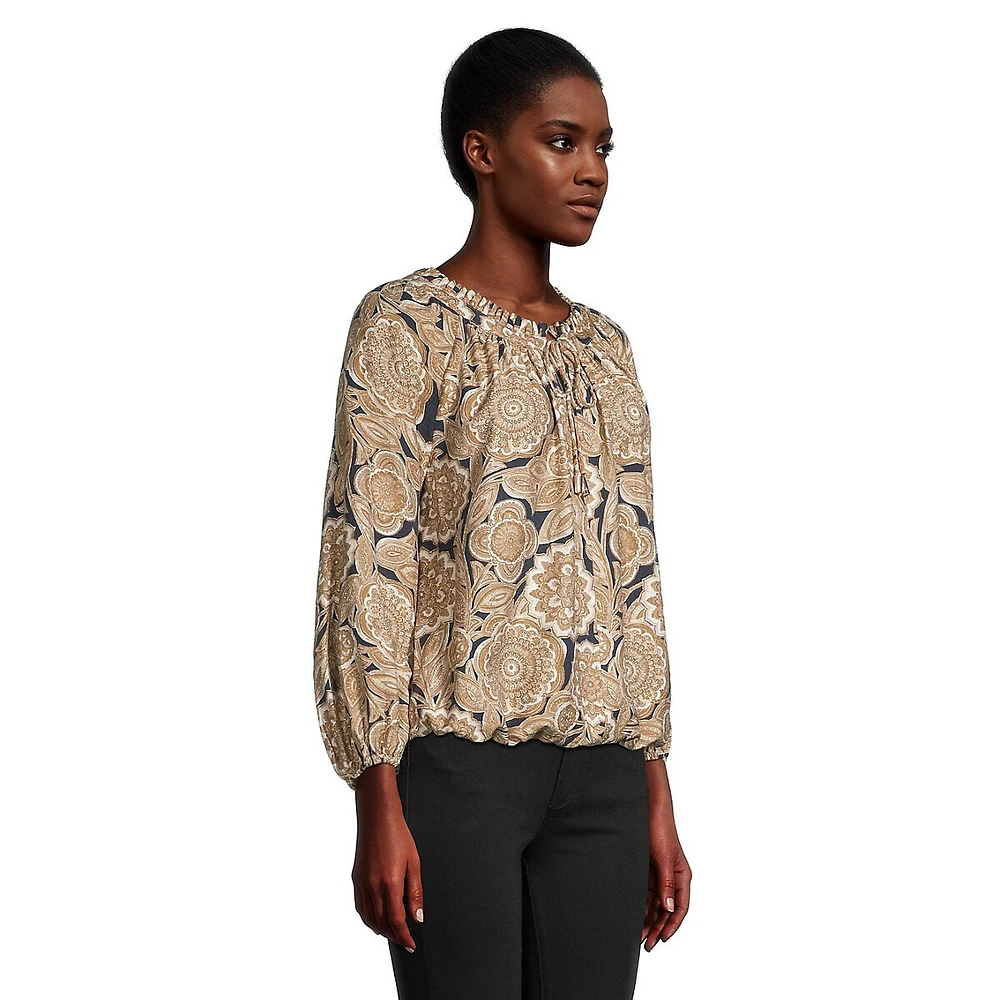 Floral-Print Long-Sleeve Tie-Neck Blouse