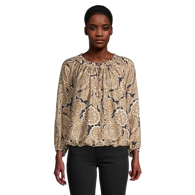 Floral-Print Long-Sleeve Tie-Neck Blouse