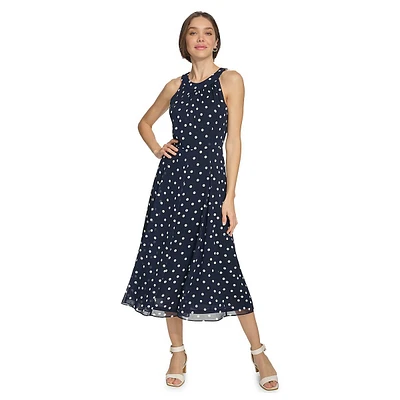 Robe midi sans manches en mousseline à pois