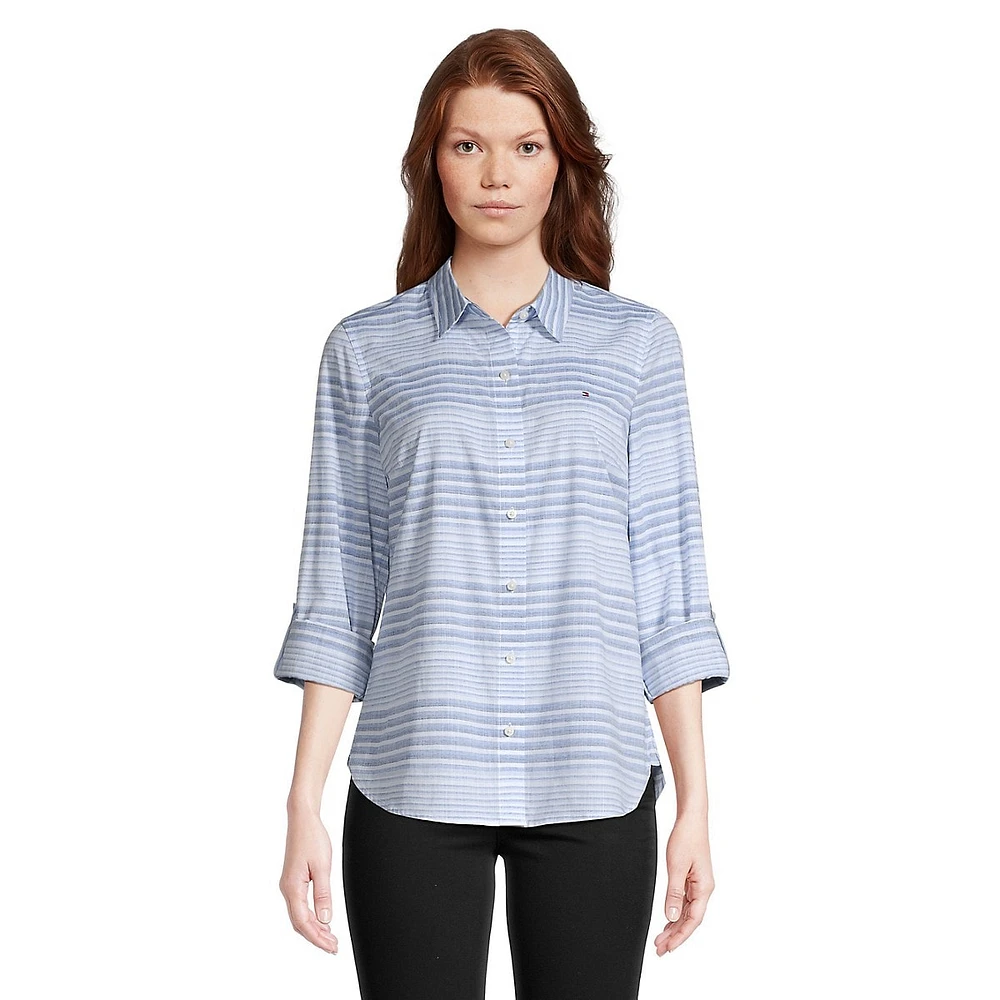 Mixed-Stripe Roll-Sleeve Shirt