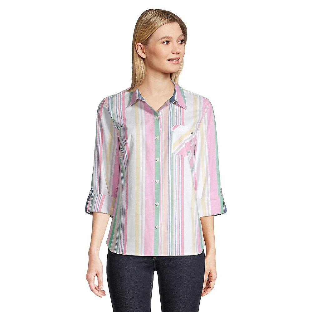 Multicolour Stripe Roll-Tab Sleeve Shirt